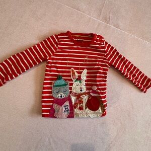 Mini Boden Red Striped Kids Shirt Caroling Animals Christmas 18-24m